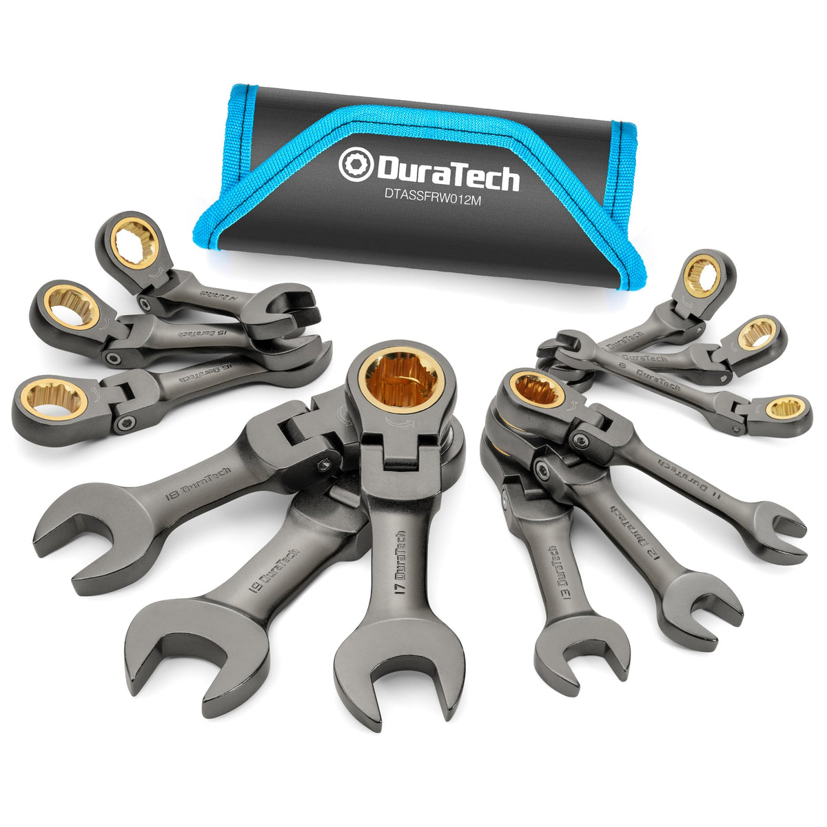 DURATECH 12-piece anti-slip flex-head ratchet set with nickel finish for strong grip in tight spaces.