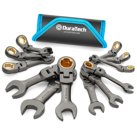 DURATECH 12-piece anti-slip flex-head ratchet set with nickel finish for strong grip in tight spaces.