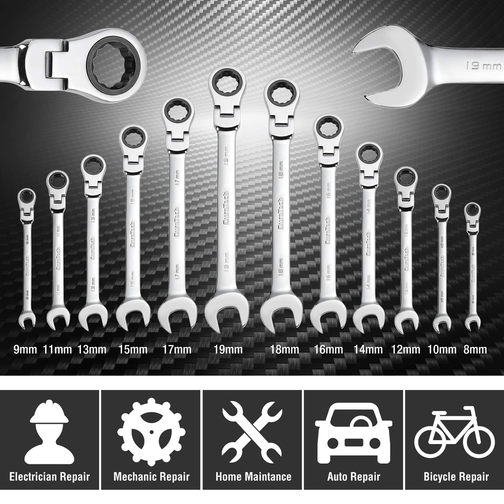DURATECH 72-tooth ratchet handles tight spots with minimal swing.