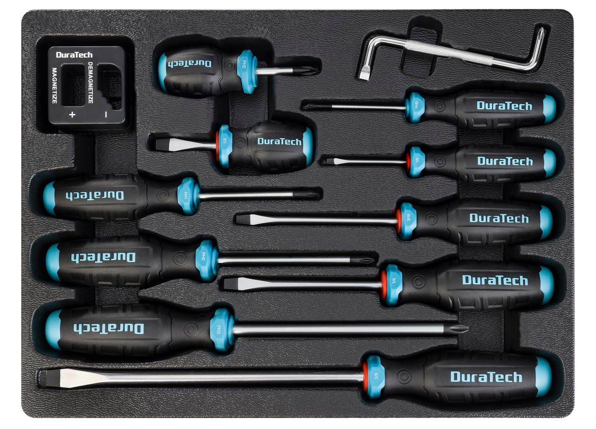 DURATECH 12-piece screwdriver set with magnet head for quick screw alignment.