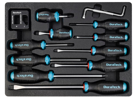 DURATECH 12-piece screwdriver set with magnet head for quick screw alignment.