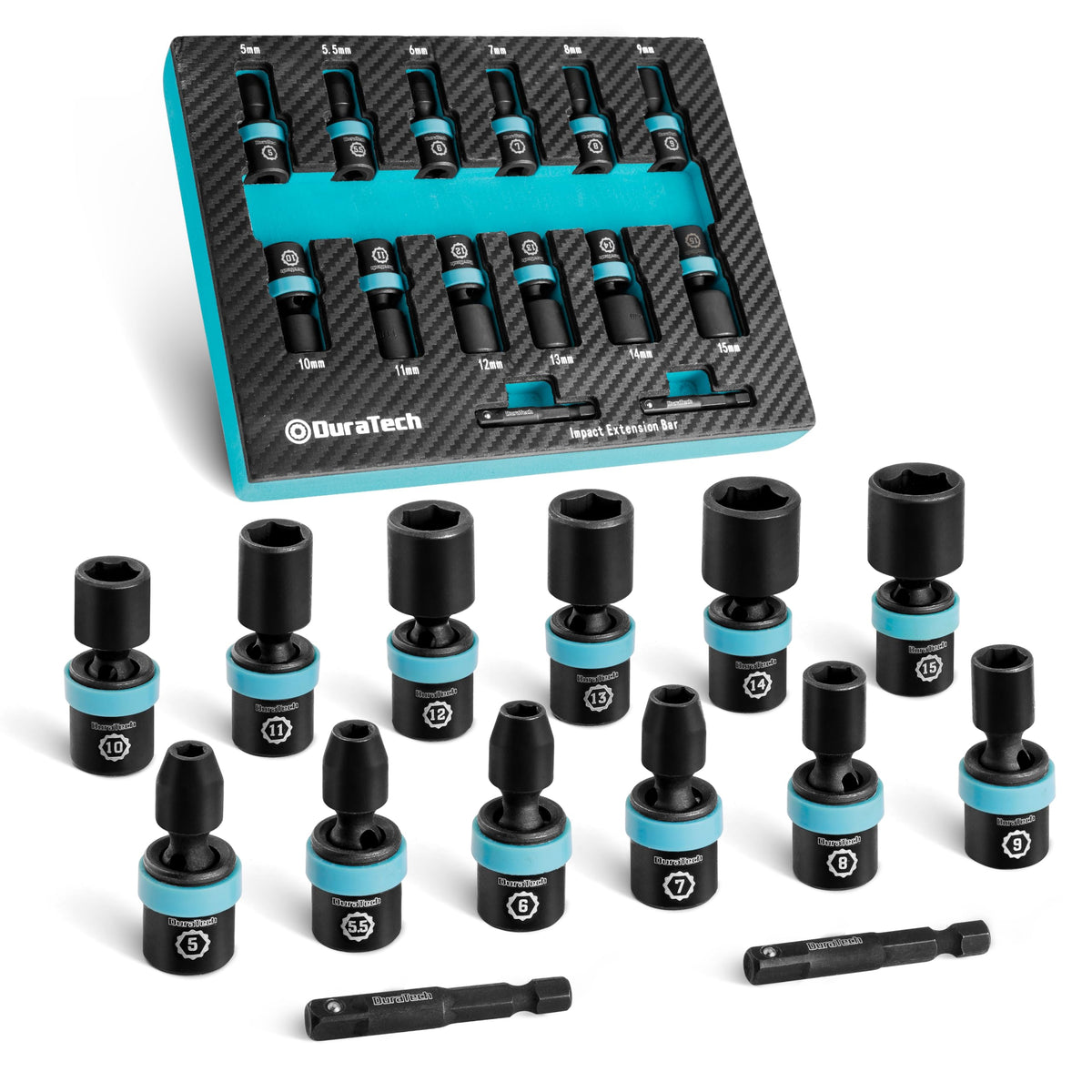 DURATECH 14-piece 1/4-inch drive impact sockets organized in EVA foam for quick access.