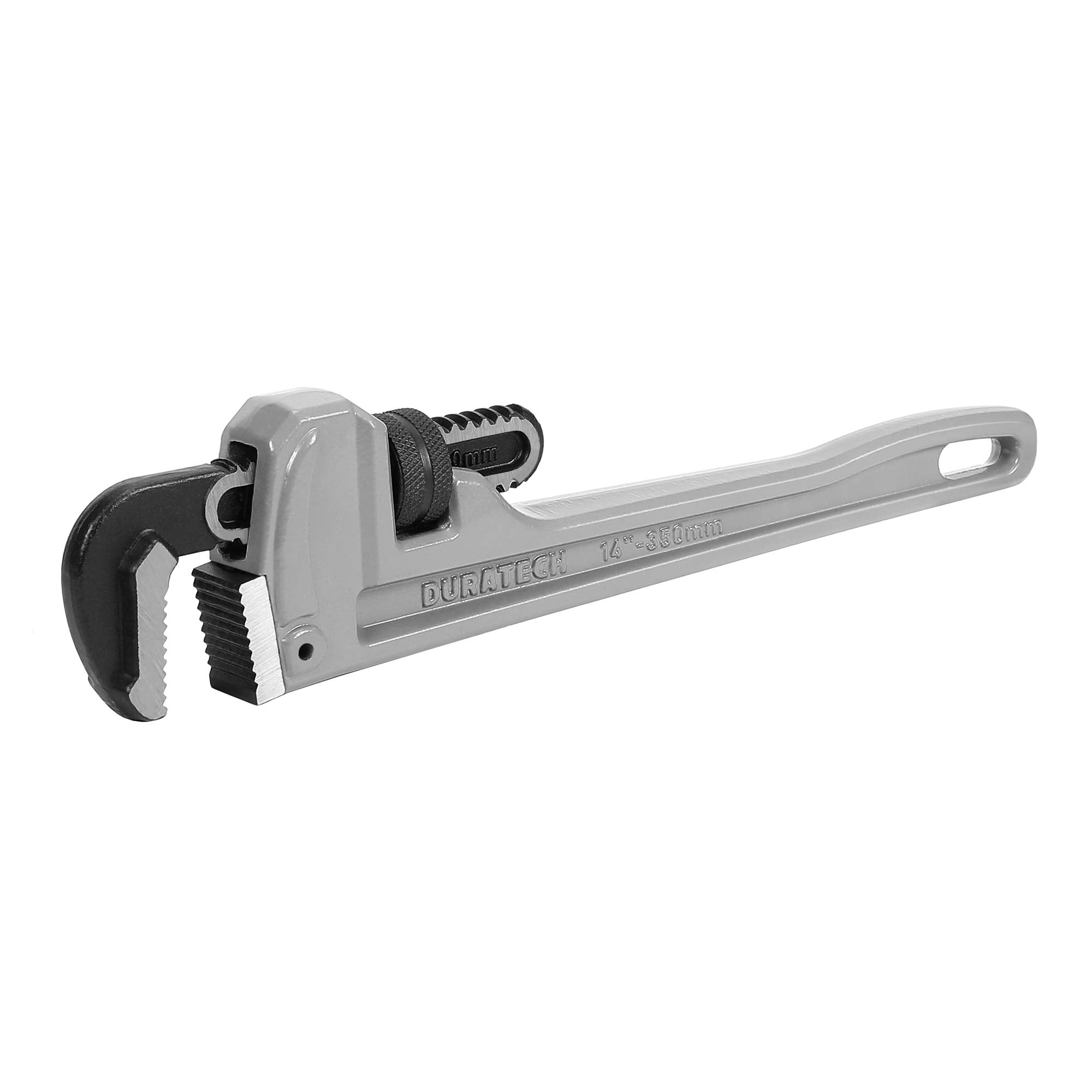 DURATECH 14-inch aluminum pipe wrench jaw closeup shows durable drop-forged jaws for precise grip