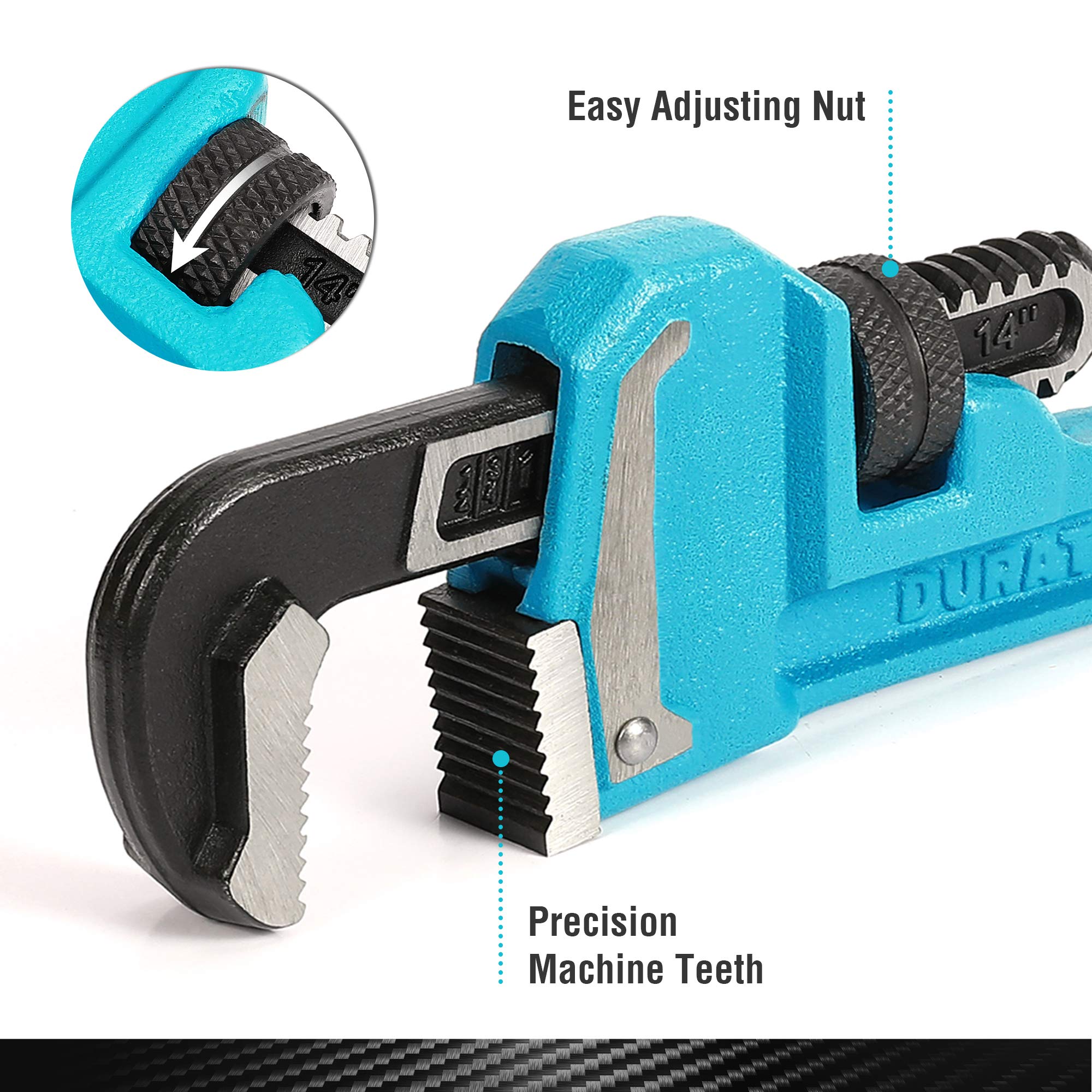 DURATECH 14in pipe wrench jaw close-up displays durable teeth and torque.