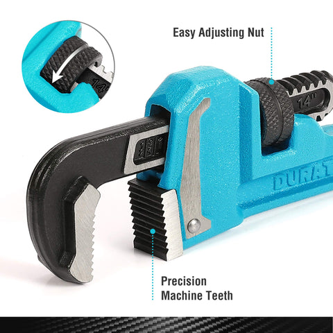 DURATECH 14in pipe wrench jaw close-up displays durable teeth and torque.