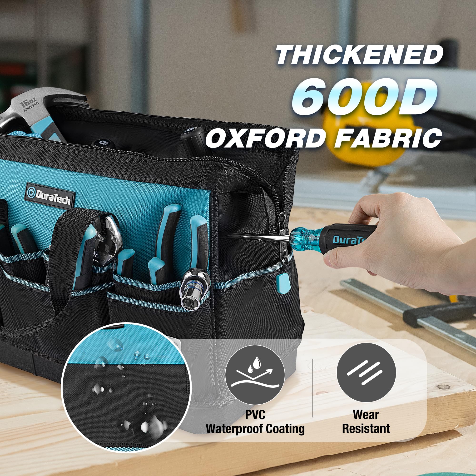 DURATECH rugged 600D polyester fabric highlighted for durability.