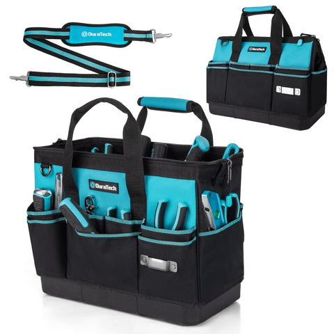 DURATECH 16-inch tool bag with a waterproof base protecting tools on wet job sites.