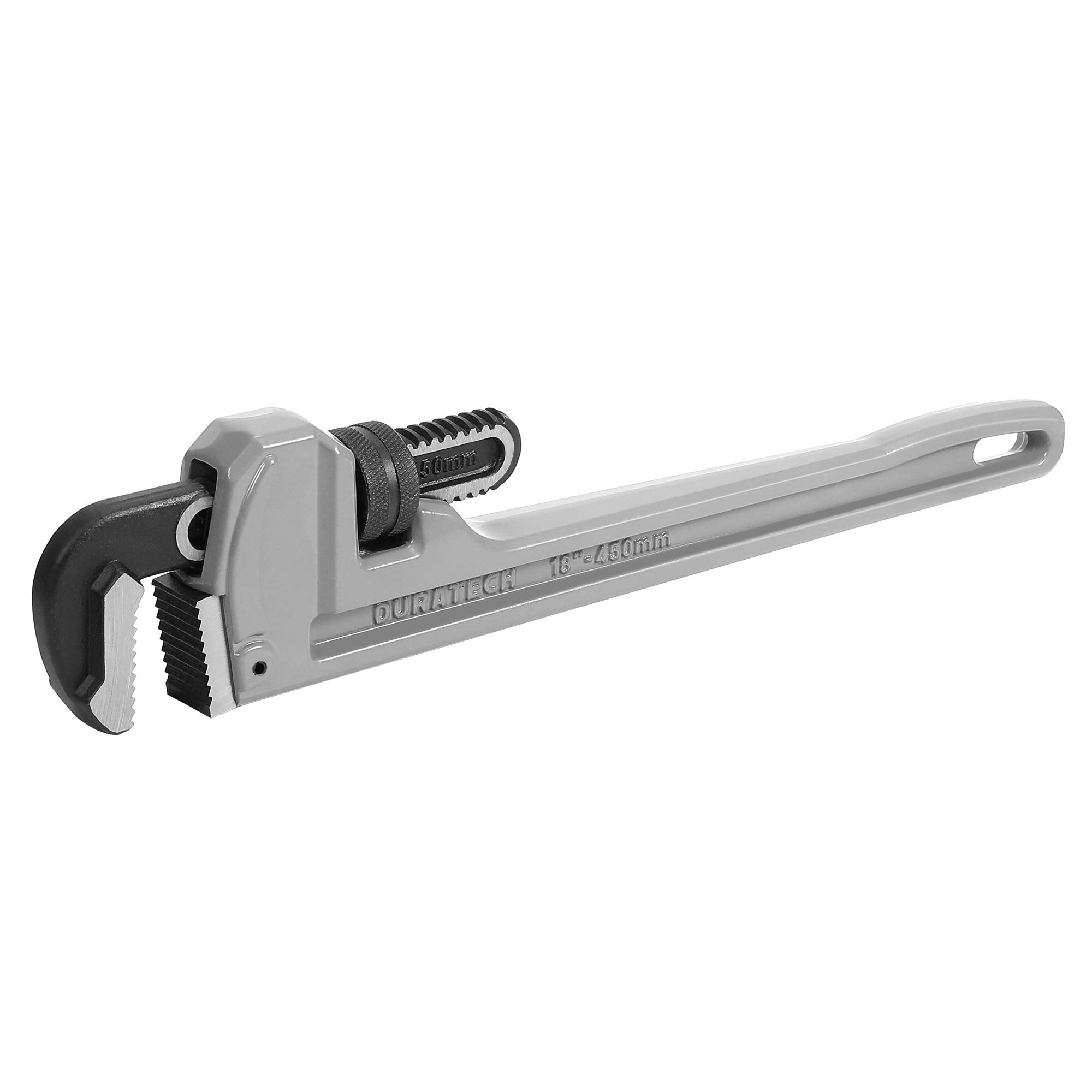 DURATECH 18-inch aluminum pipe wrench in use for heavy plumbing tasks