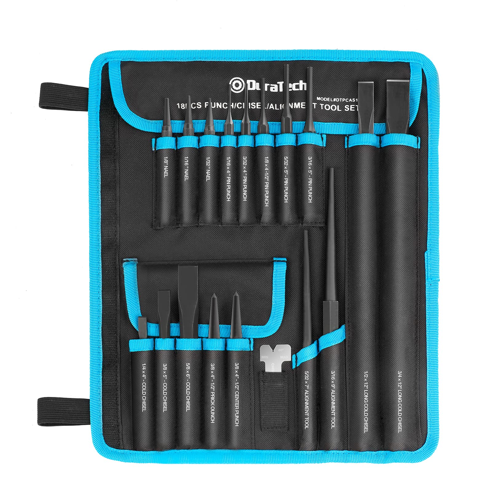 DURATECH 18-piece set with rolling pouch for organized storage.