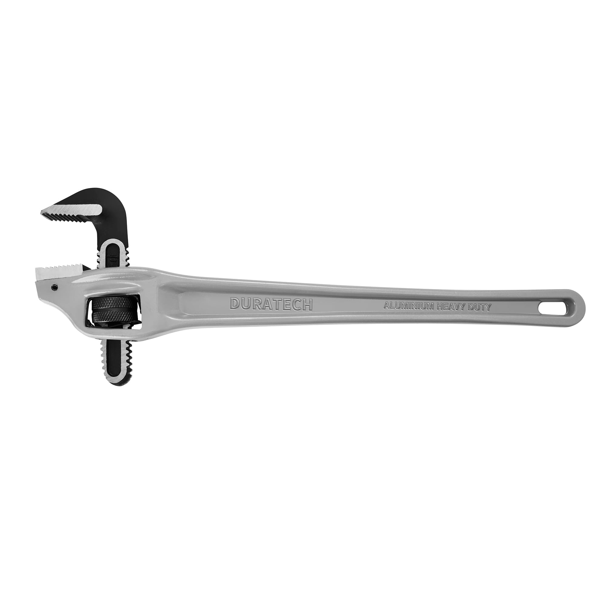 DURATECH 18-inch aluminum offset pipe wrench front view emphasizes lightweight design for easier handling.