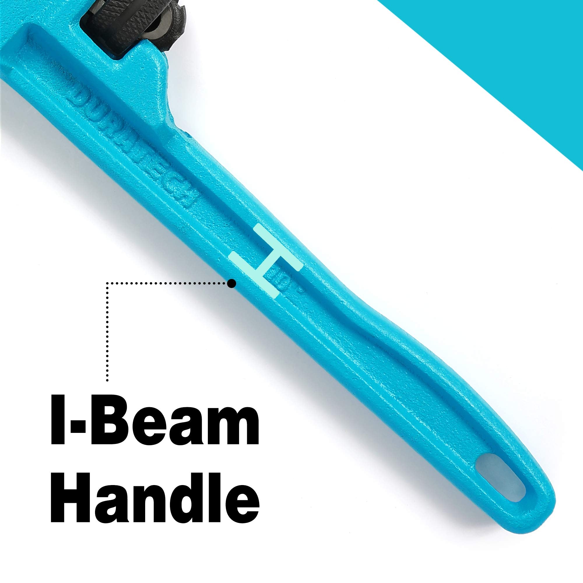 DURATECH 18in pipe wrench jaw close-up reveals heavy-duty leverage for large pipes.