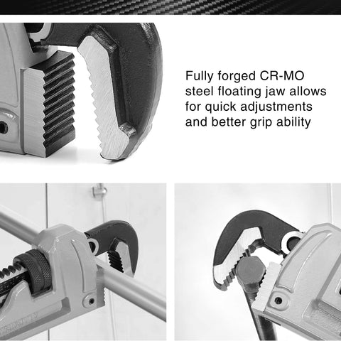 DURATECH 18-inch pipe wrench with overbite jaws for maximum gripping surface.