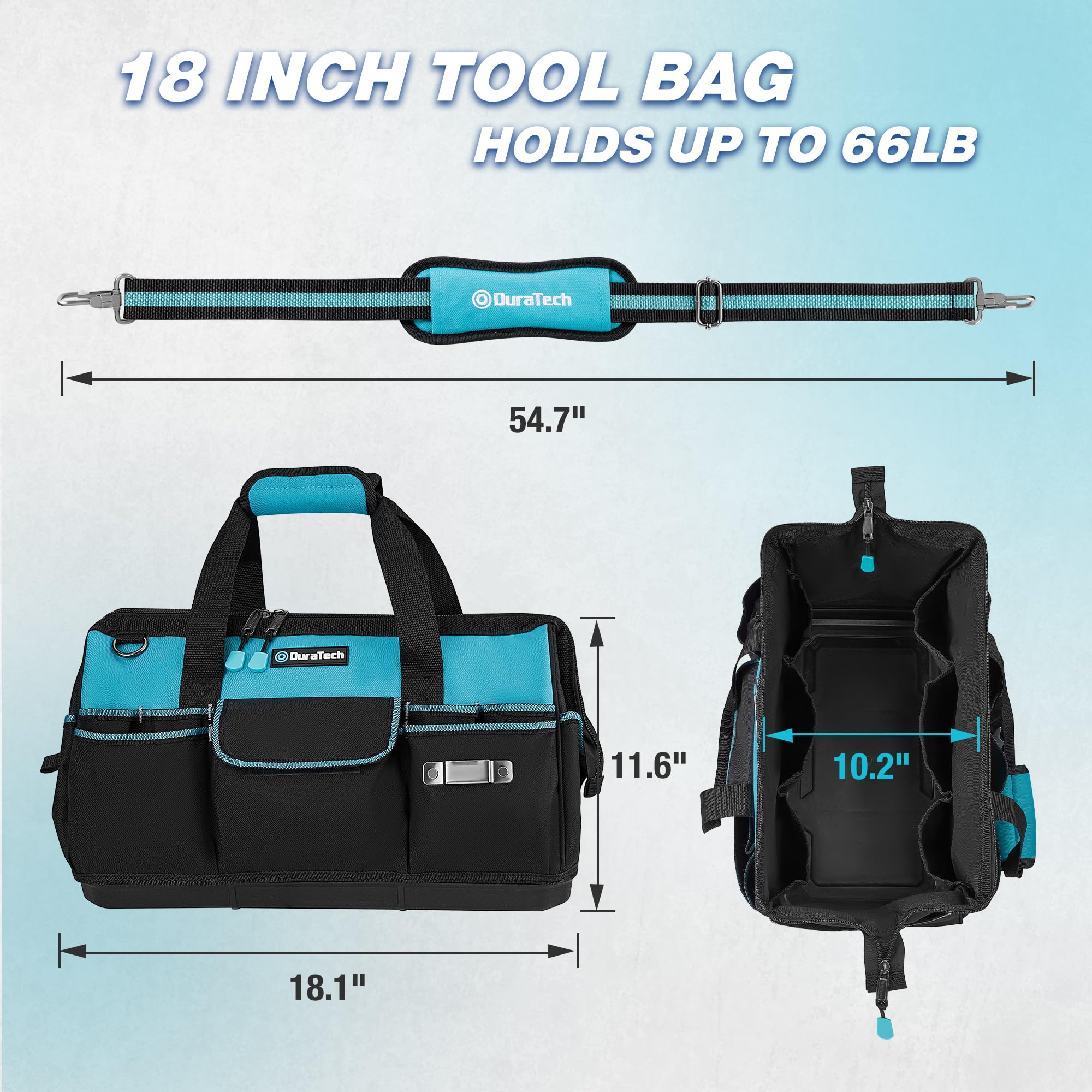 DURATECH tool bag exterior shows 13 pockets for quick access.