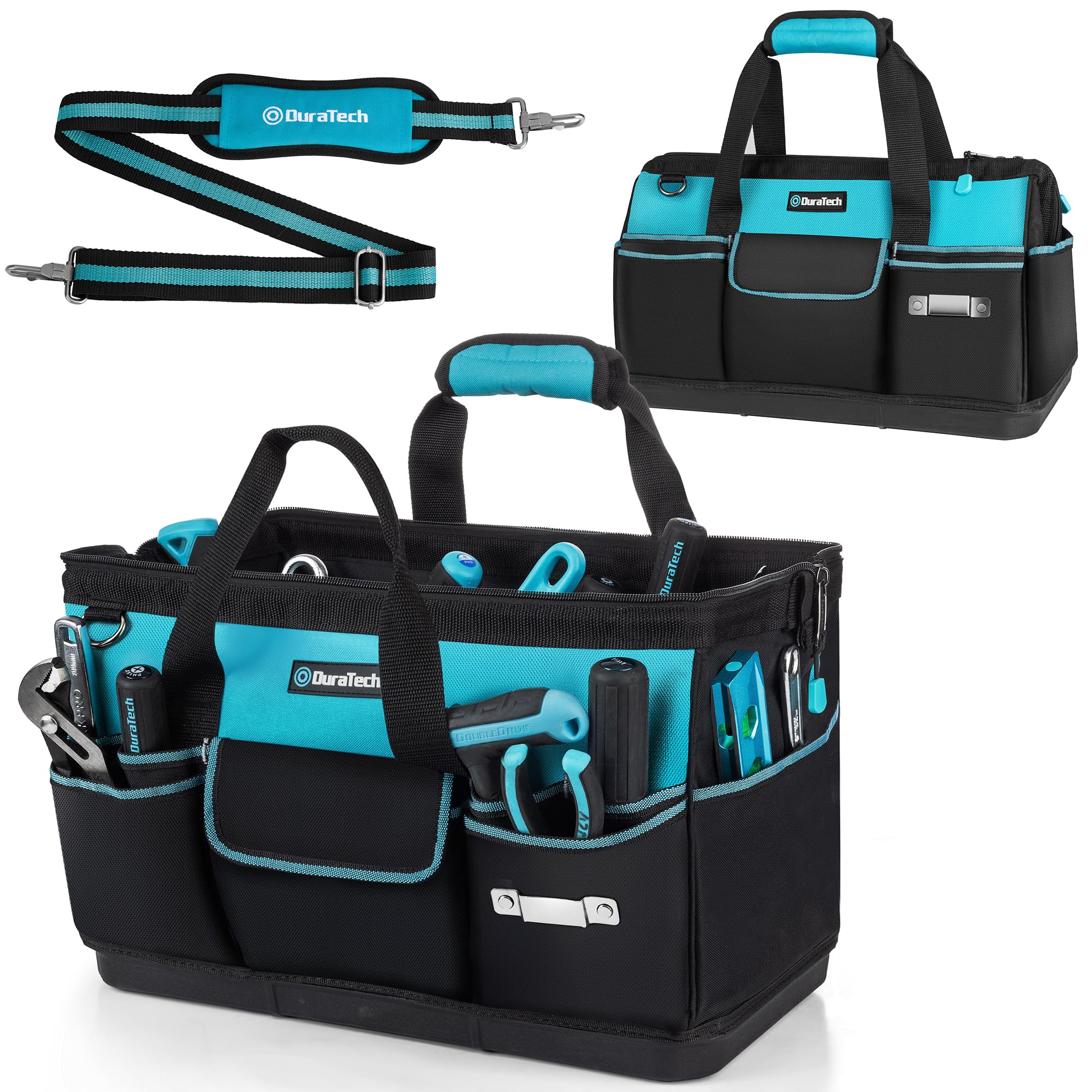 DURATECH 18-inch tool bag with waterproof base keeps tools dry on site.