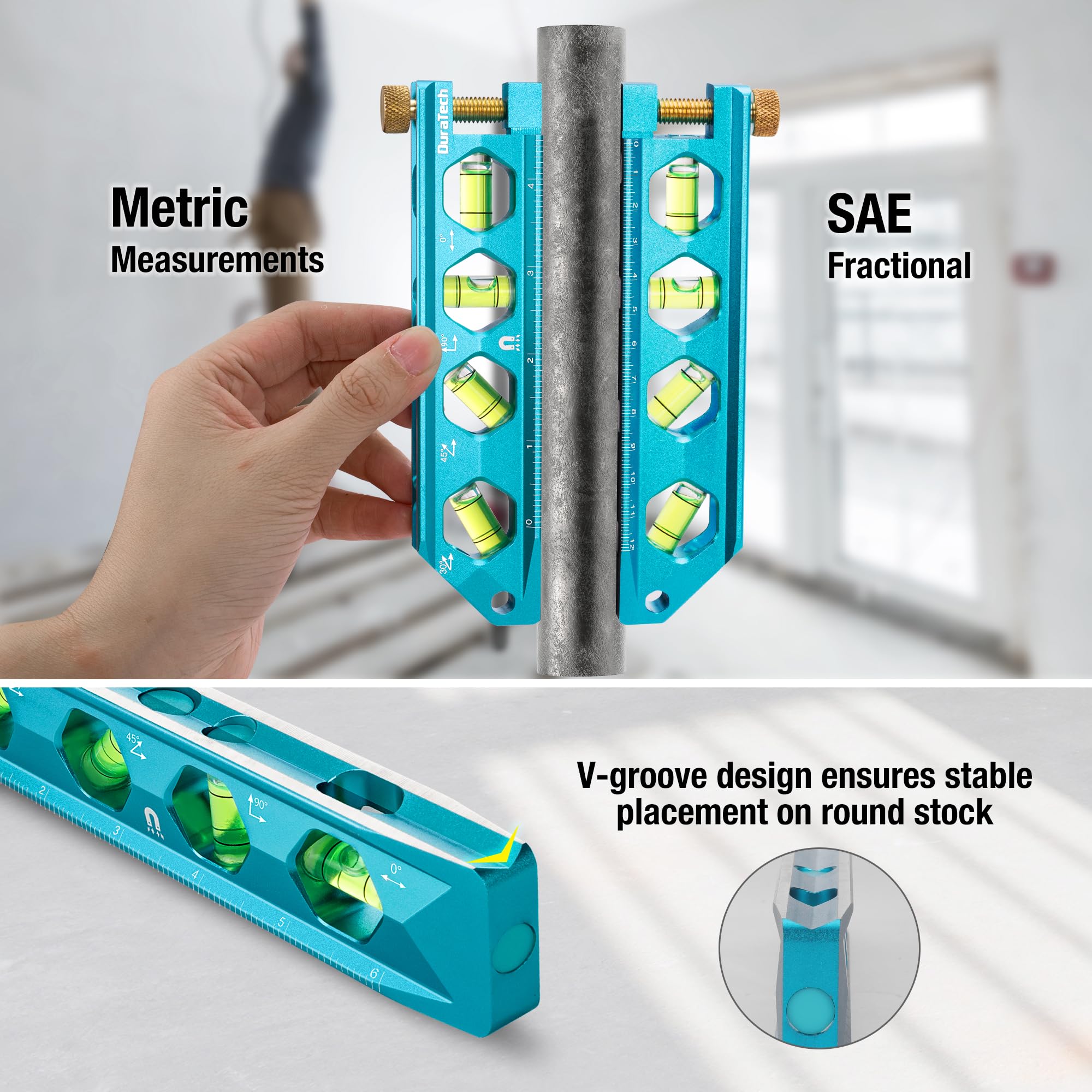 DURATECH 2-5in level shows 90-degree bubble for quick right-angle checks.