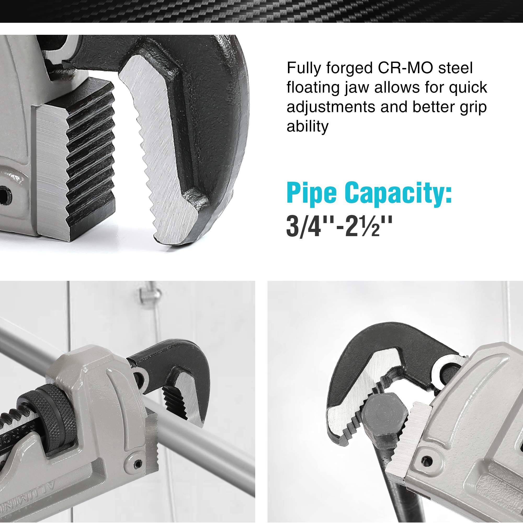 DURATECH CR-MO floating jaw enables quick adjustments and strong grip