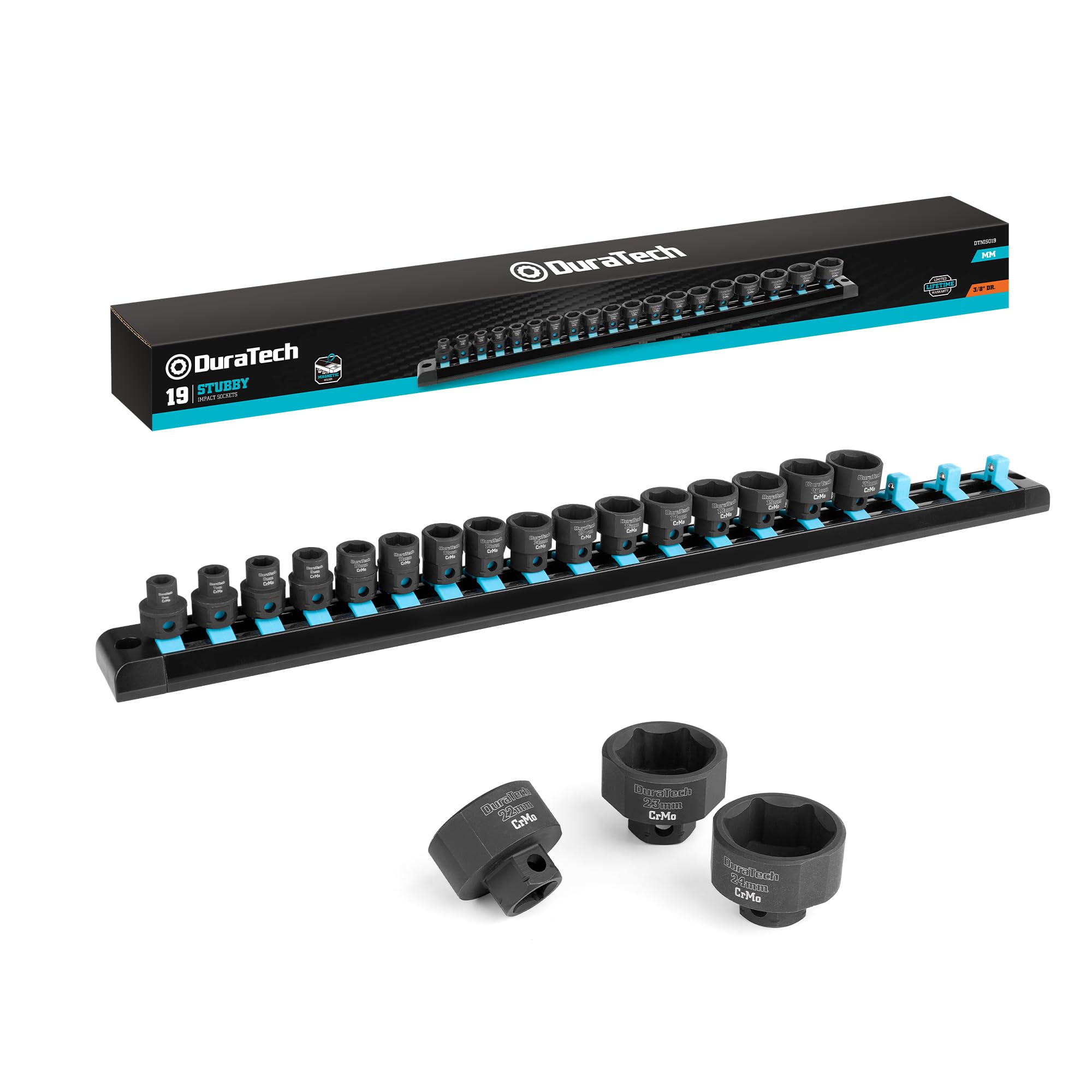 DURATECH 3/8-inch stubby sockets in tight spaces for six to twelve millimeter bolts