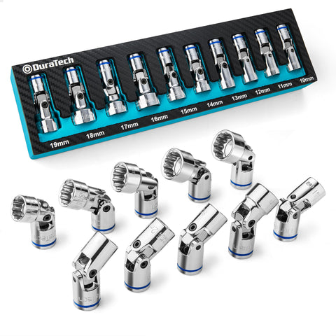 DURATECH 3/8 drive universal joint socket set for flexible reach in tight spaces.