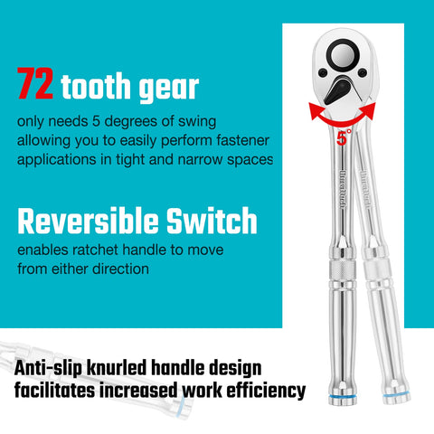 Duratech 1/2 inch drive ratchet with 72-tooth gear boosts torque in tight spots.