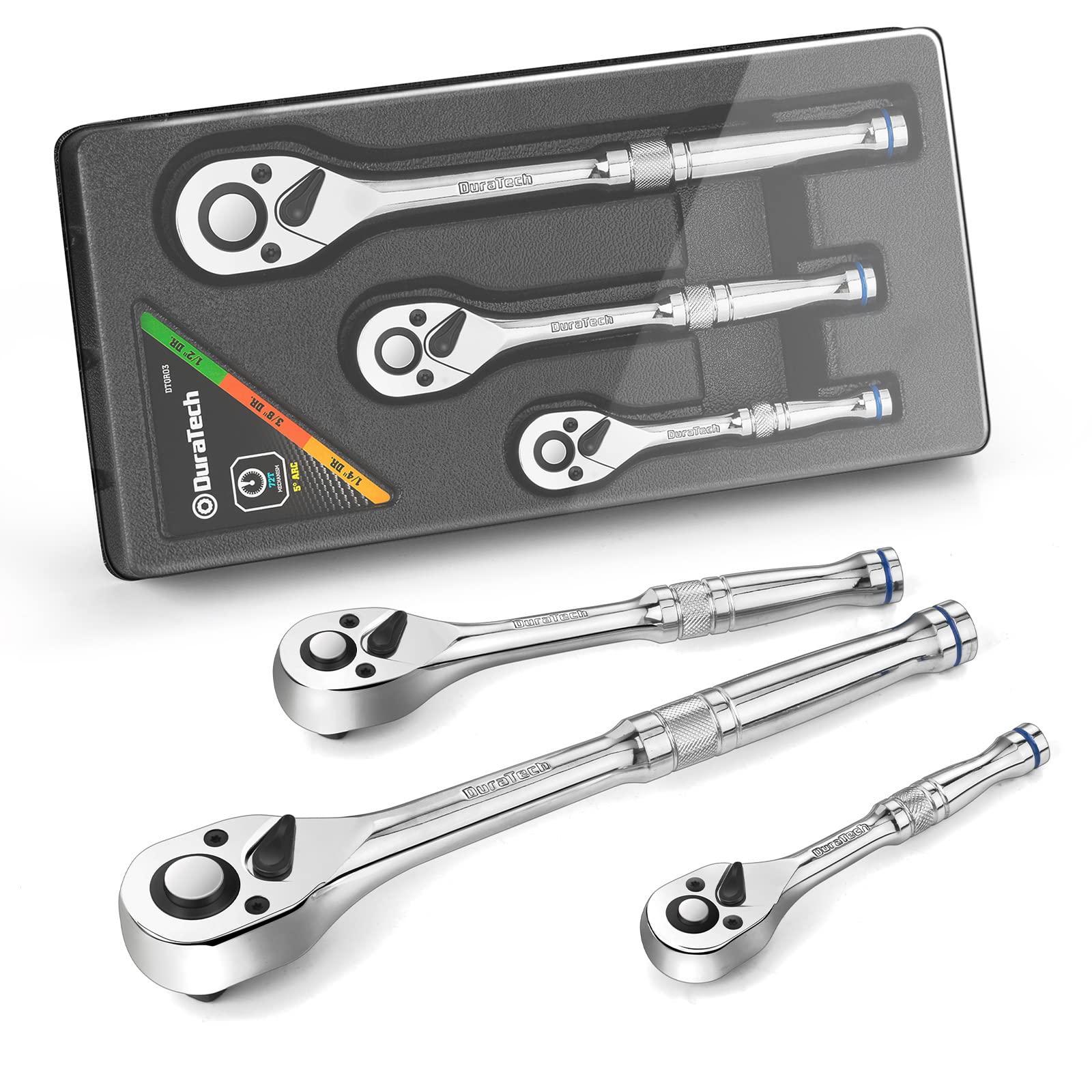 Duratech 3-piece ratchet set with 1/4 inch drive for tight spaces and quick turns.