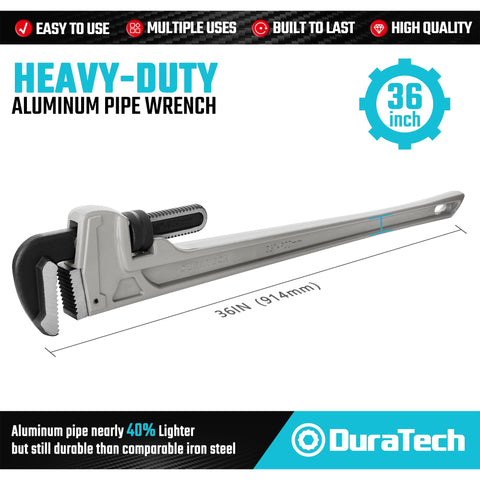 DURATECH 36 inch aluminum pipe wrench showing drop-forged jaw for durability