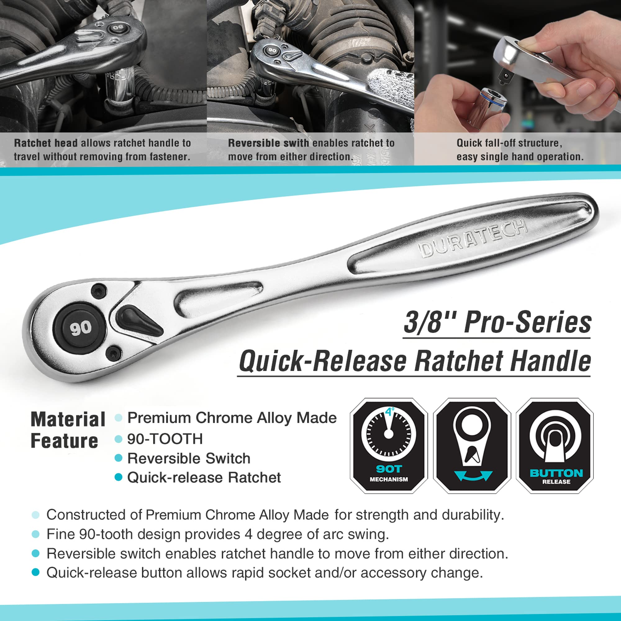 DURATECH 3/8 inch drive ratchet handle enclosed head reduces dirt ingress