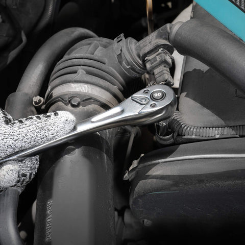 DURATECH 3/8 inch drive ratchet handle in use demonstrating quick fastener changes