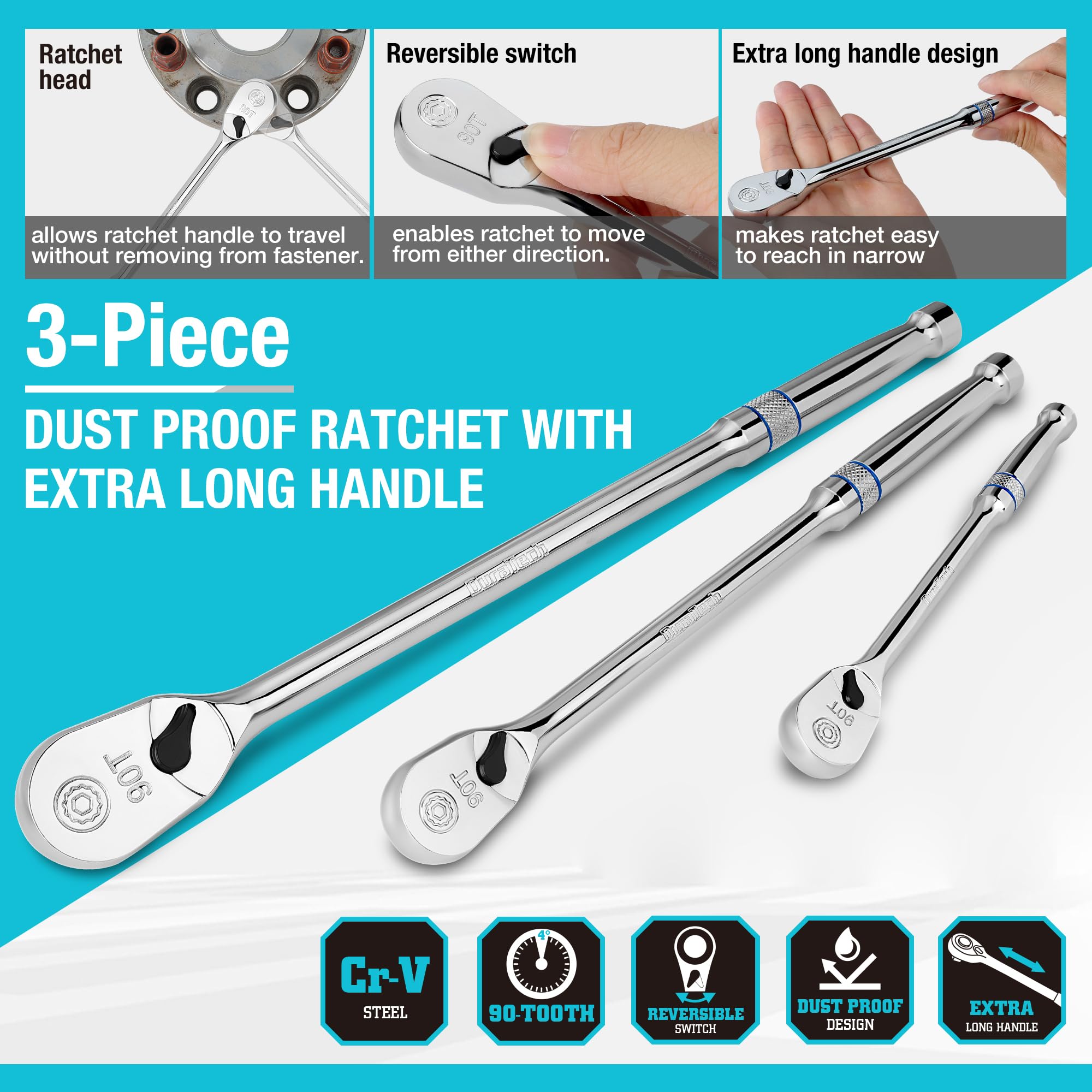 DURATECH 3-piece ratchet set with 1/2 drive, high torque potential