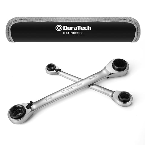 DURATECH 4-in-1 ratcheting wrench set with rolling pouch for easy transport.