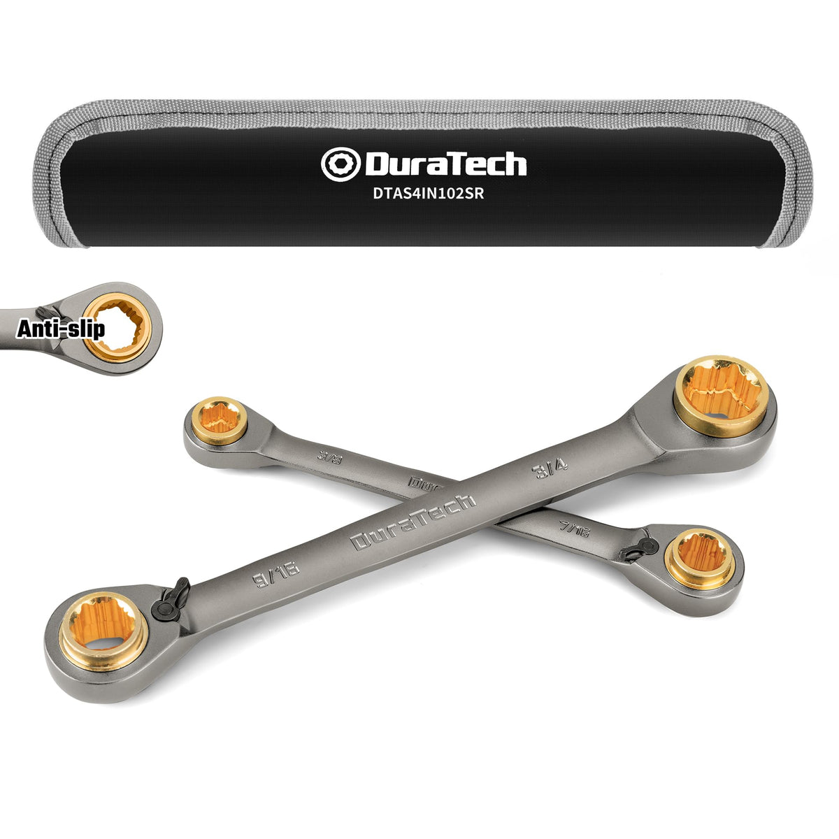 DURATECH 4-in-1 ratcheting wrench set for versatile fastener sizes.