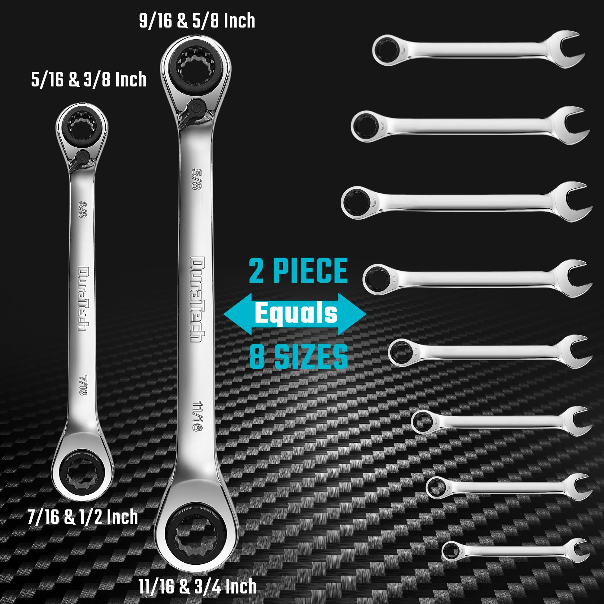 Duratech small-sizes wrenches shown for quick-fit with 5/16 to 1/2 inch nuts.