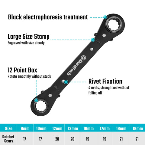 Duratech 4-in-1 wrench with dual reversible ends enables quick reversing in tight spaces.