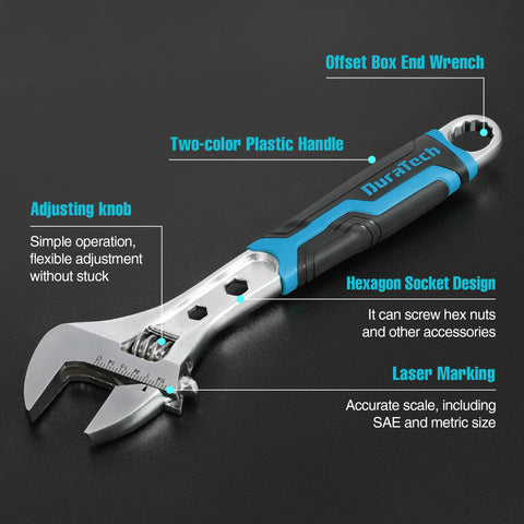 DURATECH 10-inch wrench for wide jaw reach on tough fasteners.
