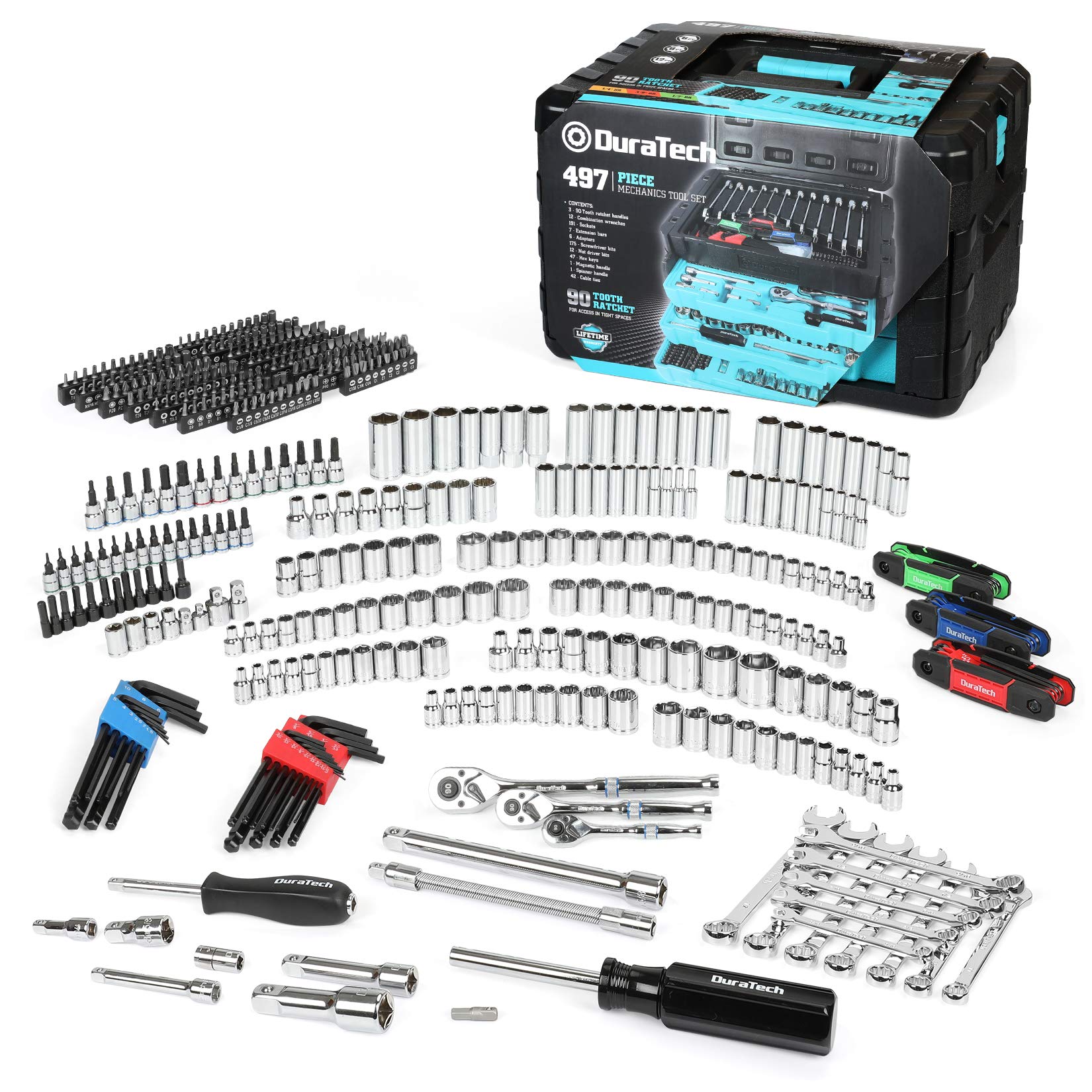 DURATECH 497-piece tool set in a 3-drawer toolbox keeps projects organized.
