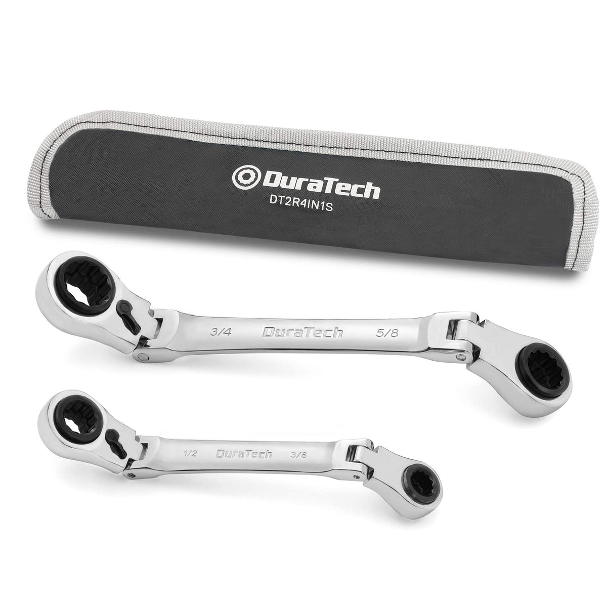 Duratech 4-in-1 flex-head wrenches with rolling pouch for easy transport.