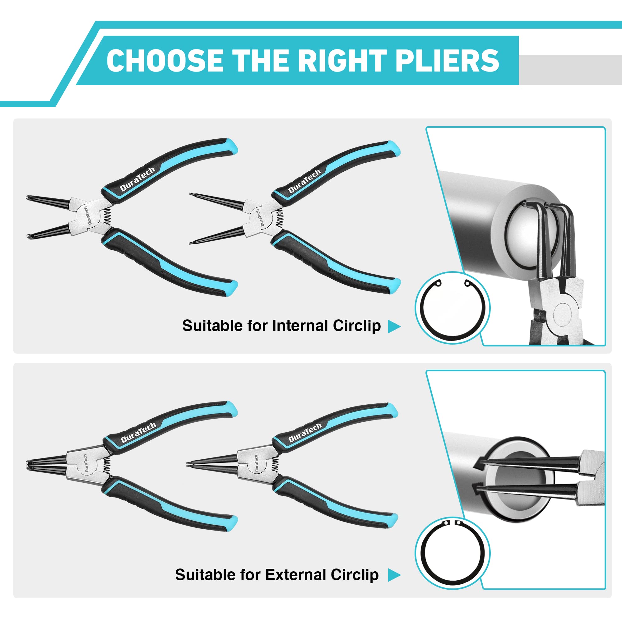 DuraTech snap ring pliers set with bent external tips for difficult access