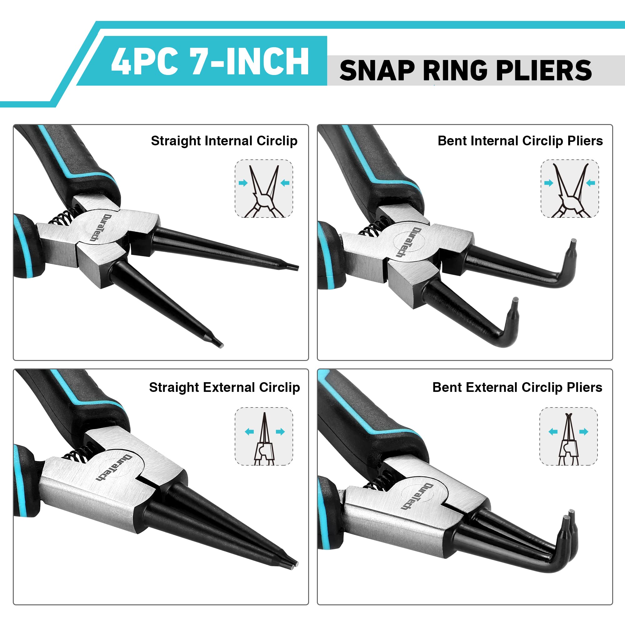 DuraTech snap ring pliers set with bent internal tips for tight spaces