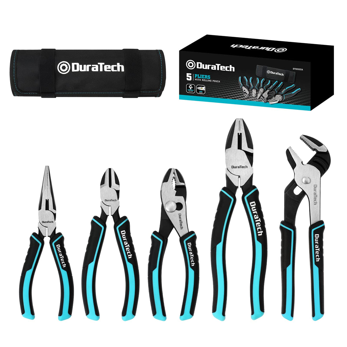 DURATECH 5-piece pliers set displayed with rolling pouch for easy storage and transport