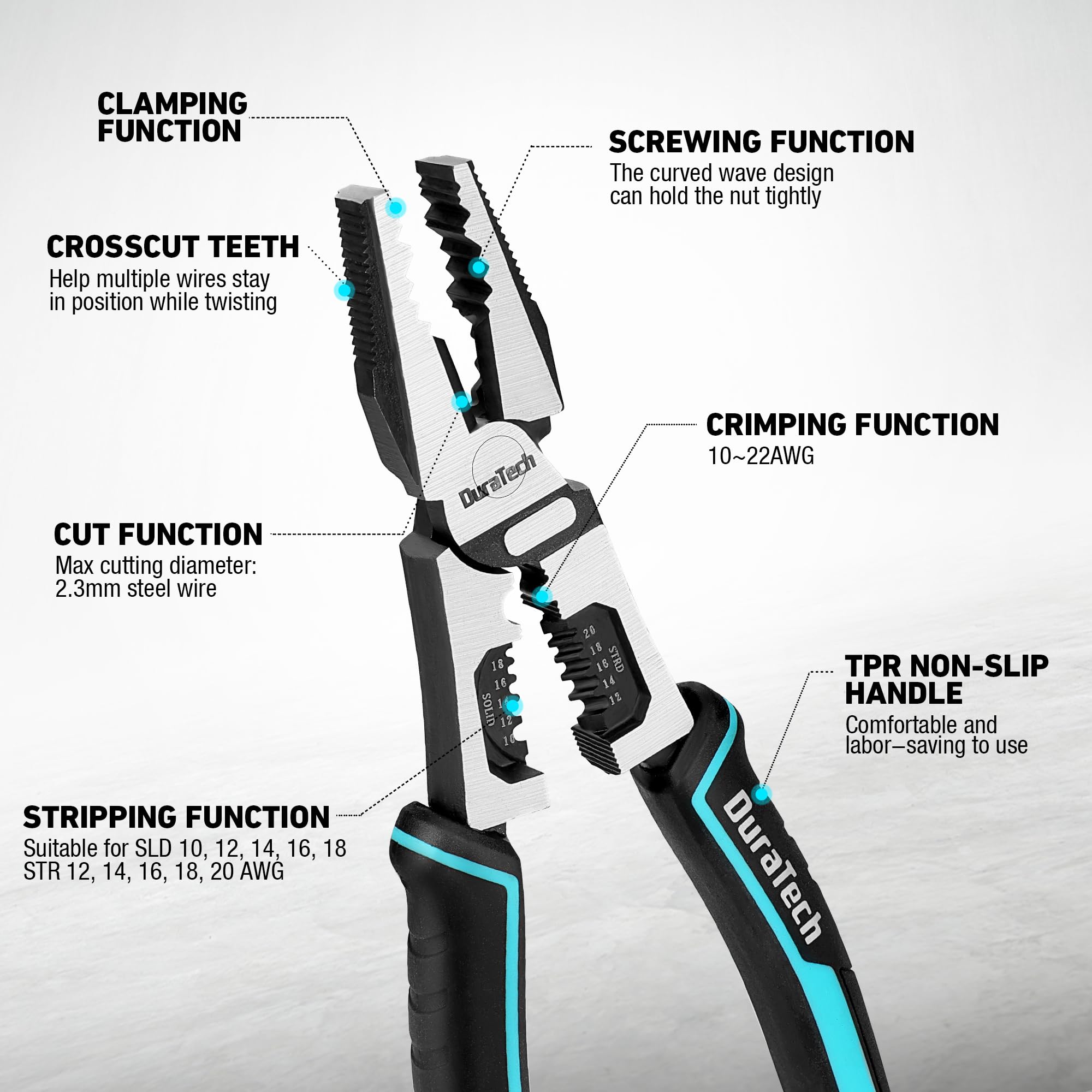 Duratech 6-in-1 pliers stripping action demonstrates wire stripping without damaging core