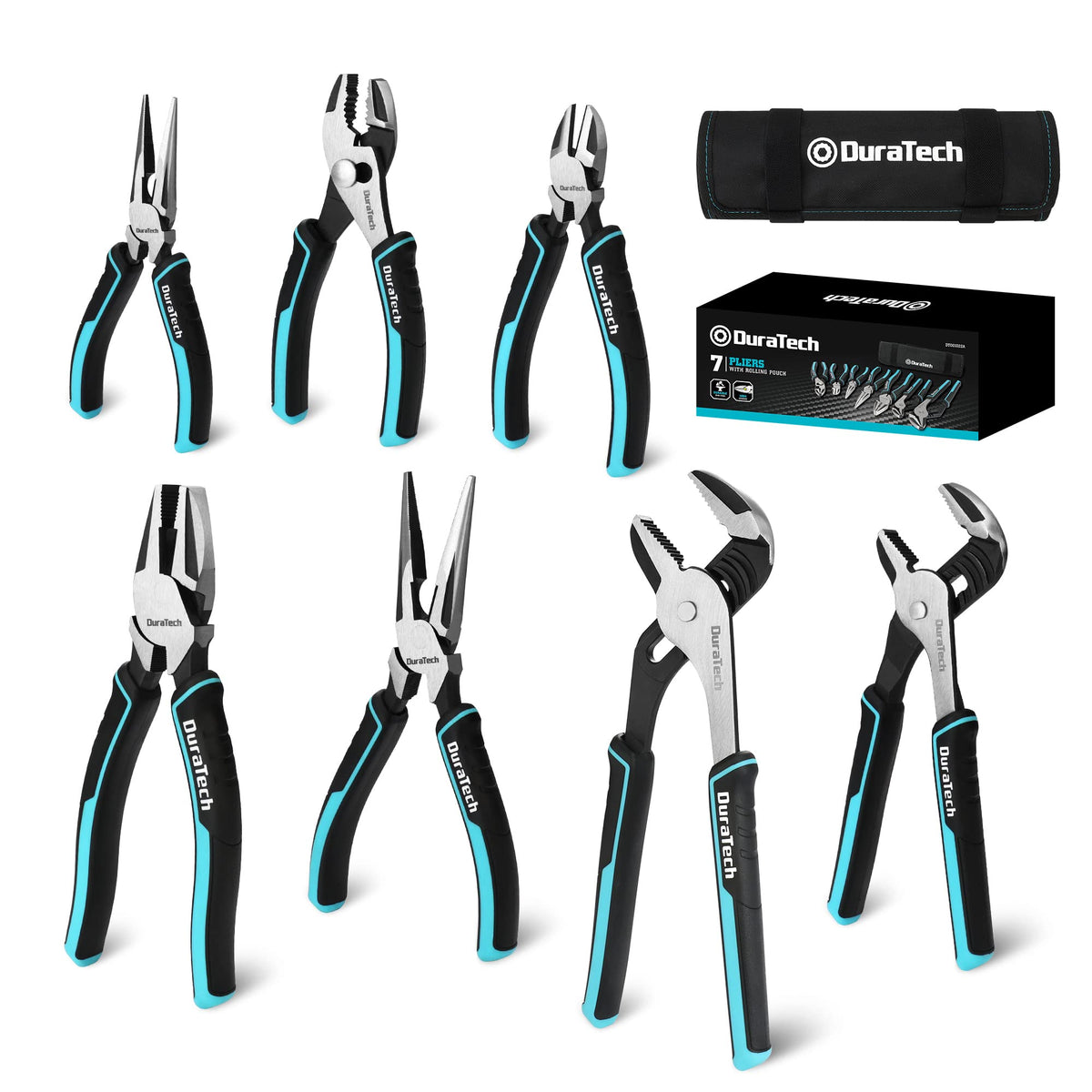 DURATECH seven-piece pliers set with roll-up pouch for organized storage and transport.