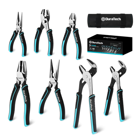 DURATECH seven-piece pliers set with roll-up pouch for organized storage and transport.