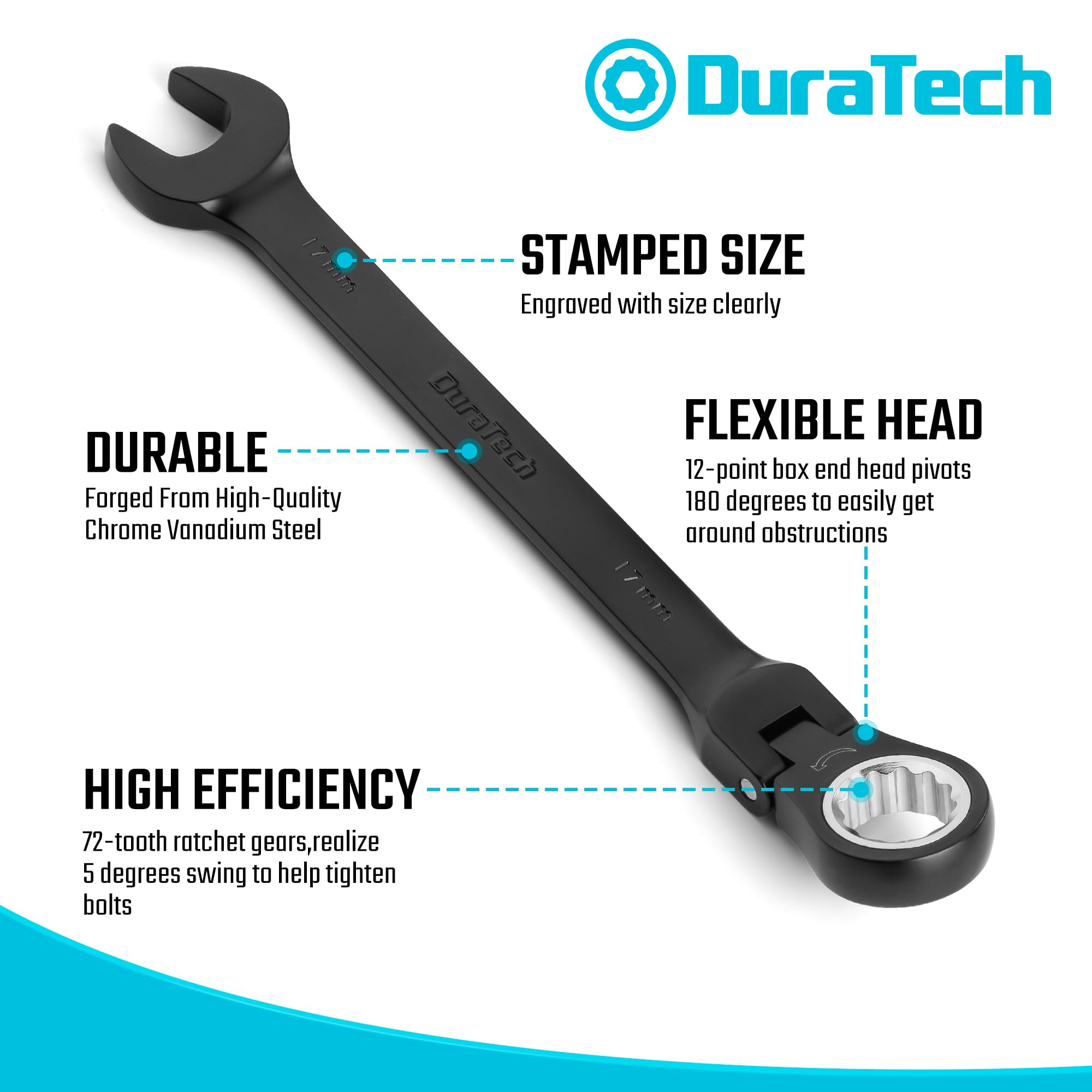 Duratech 72-tooth ratchet close-up highlighting smooth five-degree swing.