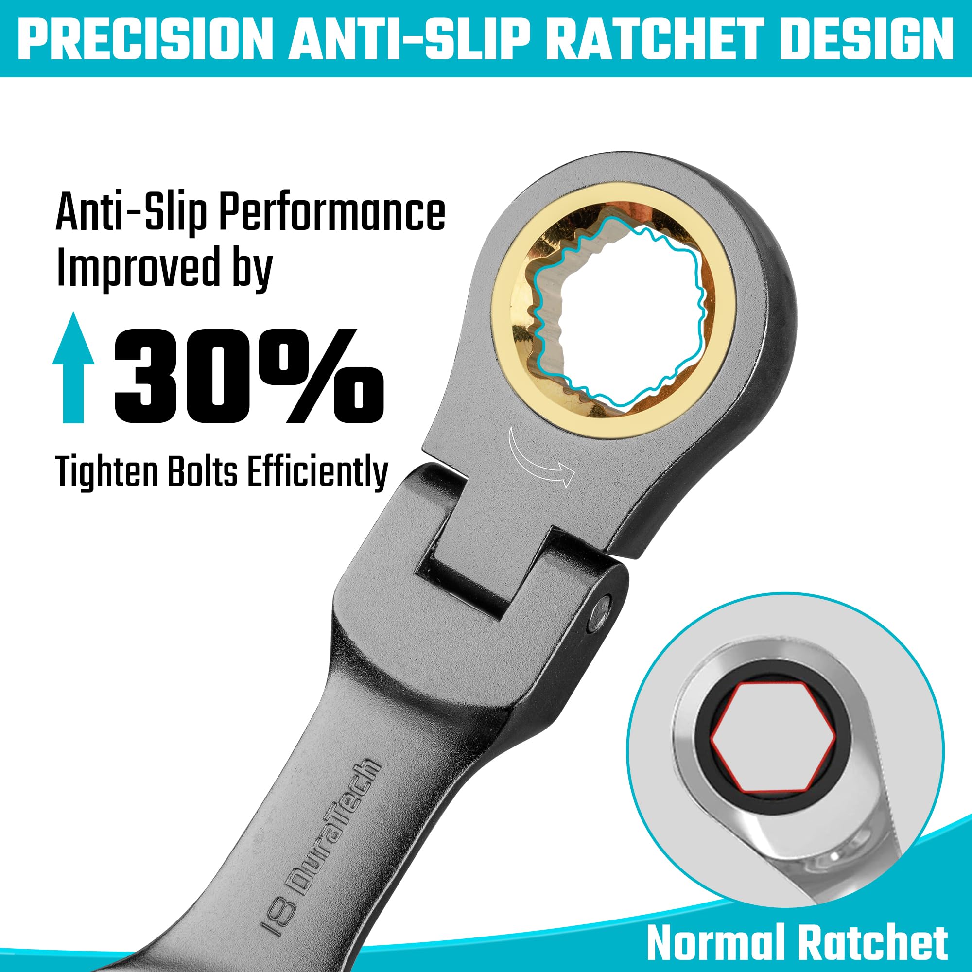 DURATECH 72-tooth ratchet gear allows precise turns in tight spaces.