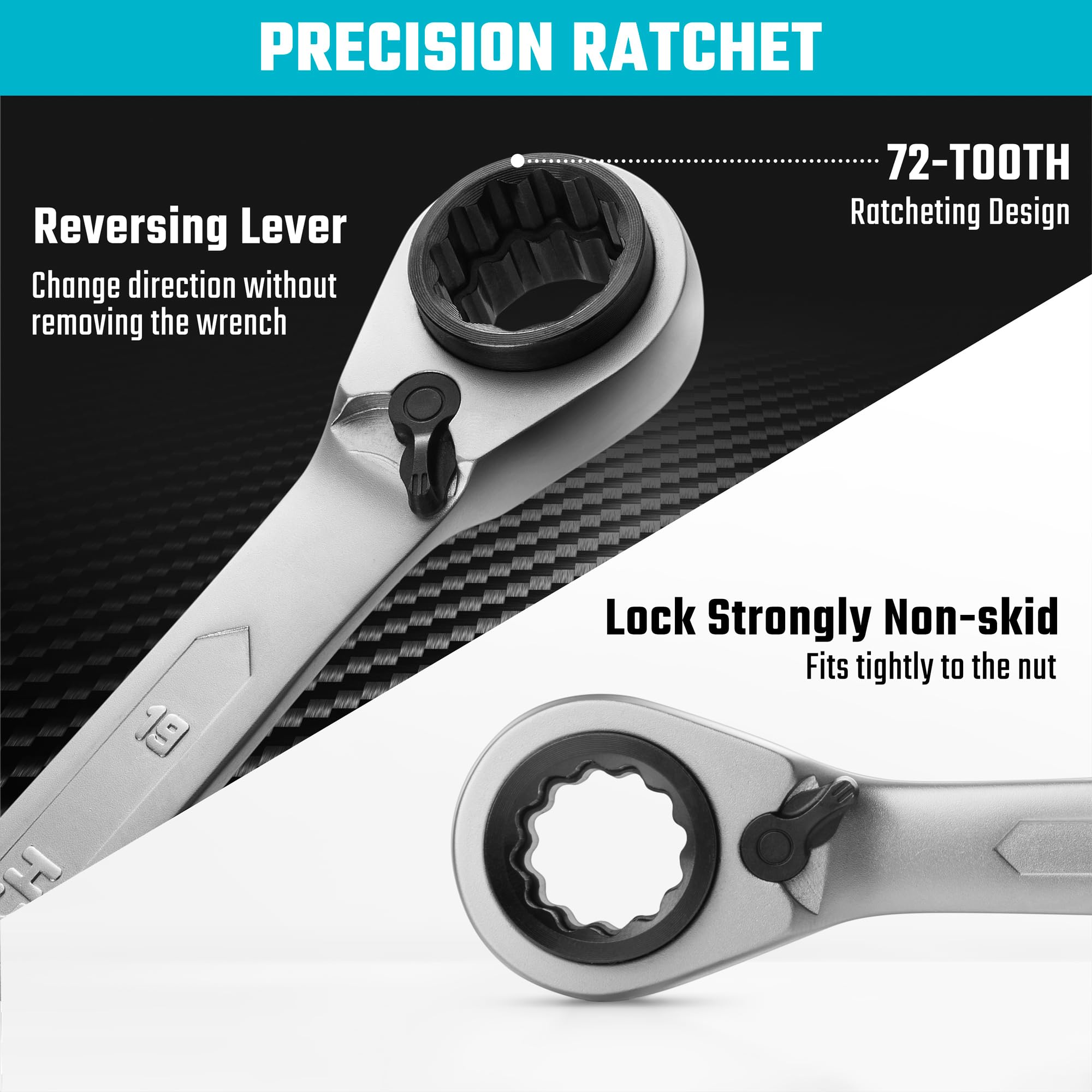 DURATECH 72-tooth ratchet enabling precise, low-effort turns.