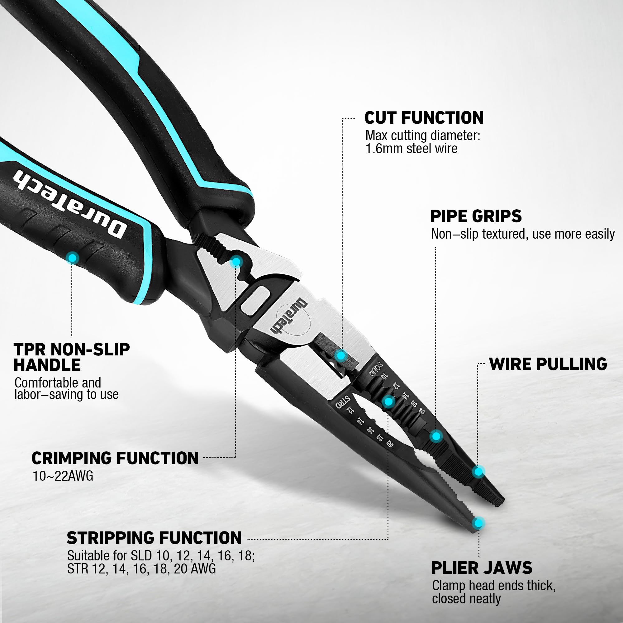 DURATECH 8.5-inch needle-nose pliers in action demonstrates precise stripping and cutting