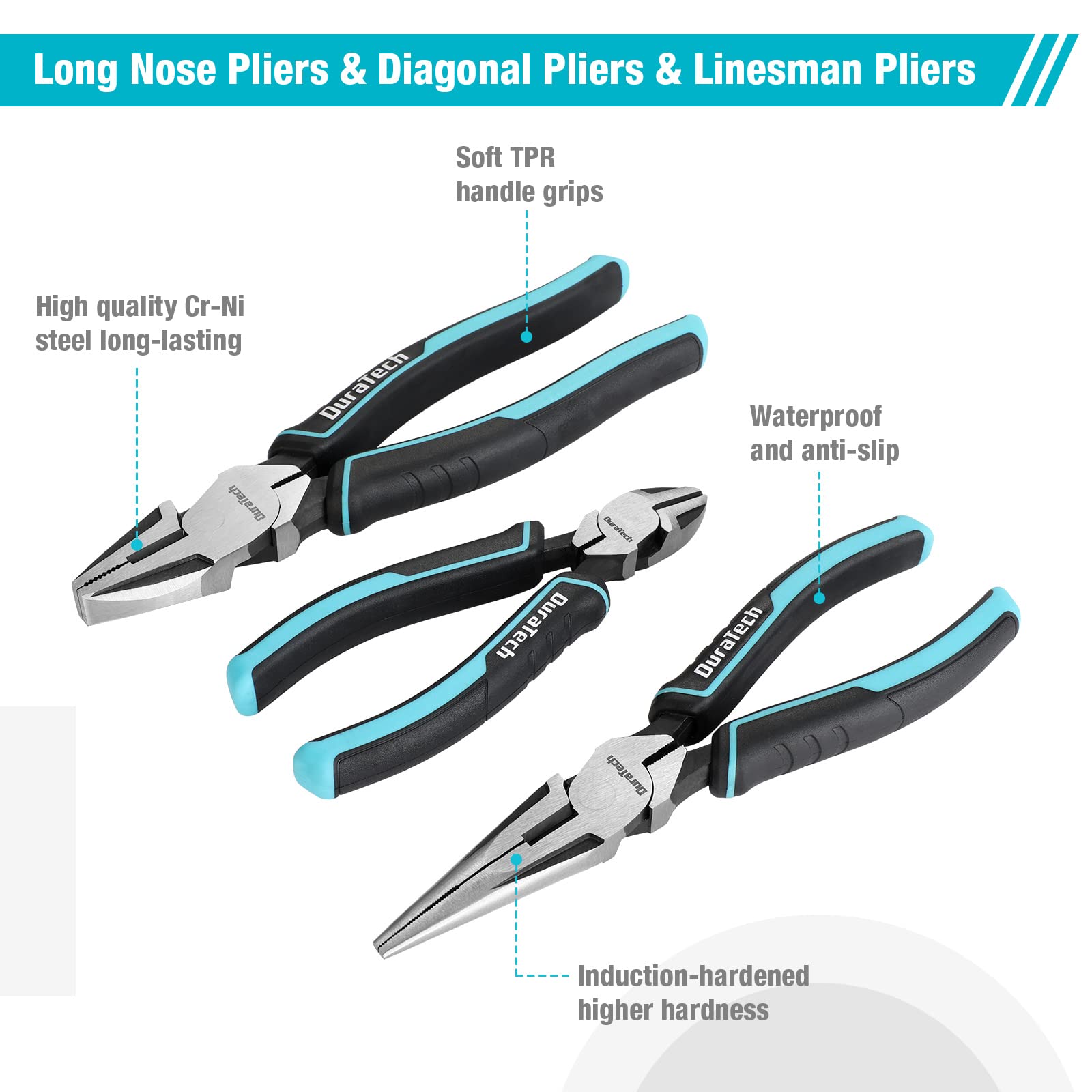 DURATECH 8-inch long needle-nose pliers for precise access in tight spots.