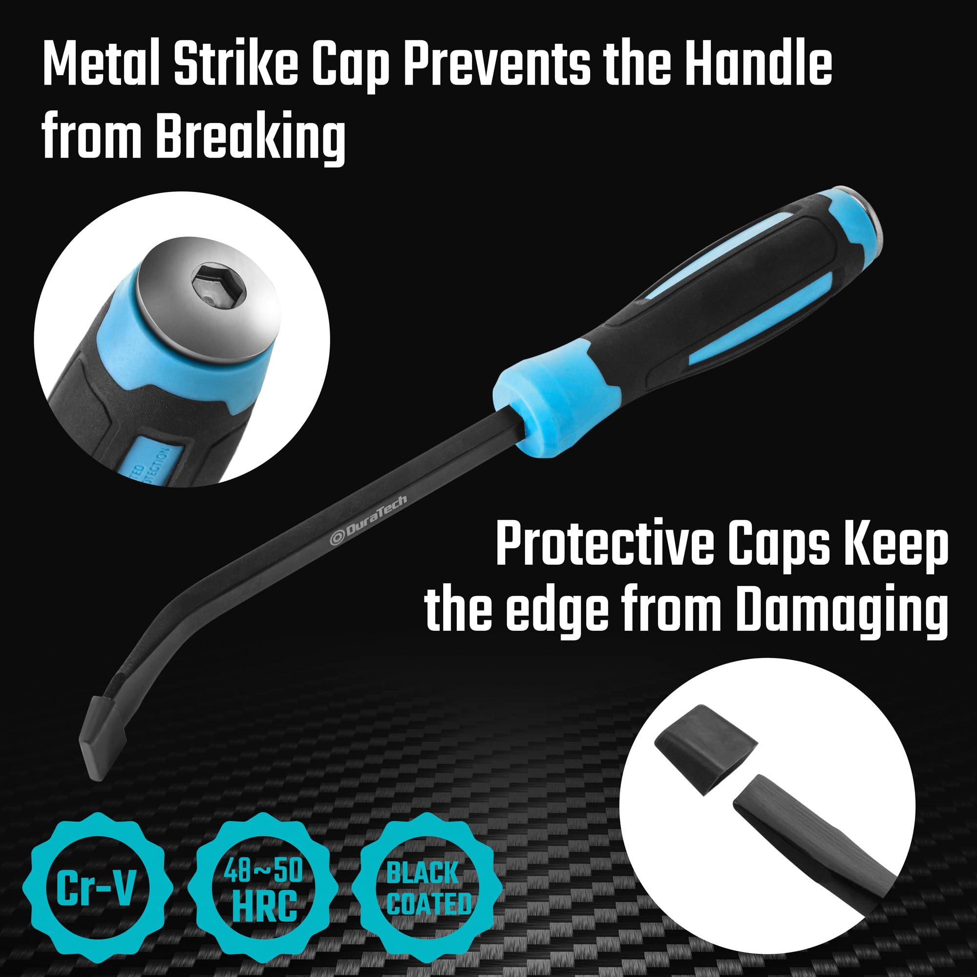DURATECH 8-inch pry bar angled tip for tight spaces and leverage.