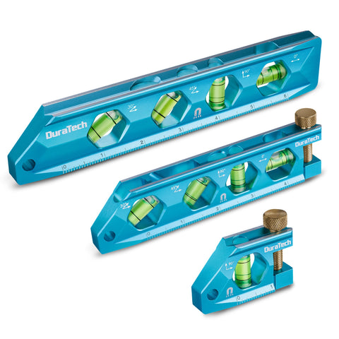 DURATECH 8-inch level with magnetic base for hands-free alignment on metal surfaces.