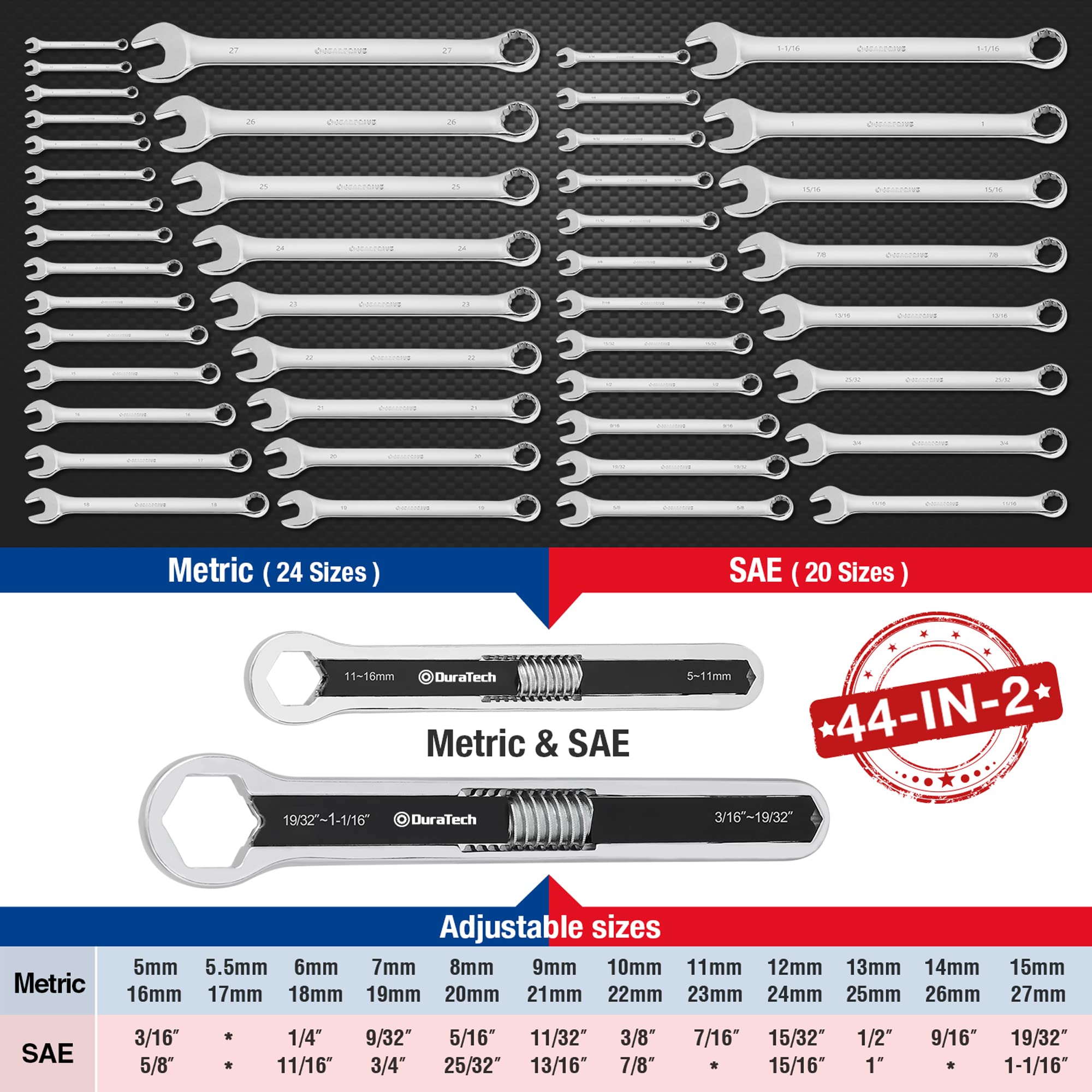 DURATECH 8-inch universal wrench handles SAE and metric nuts and bolts with ease.