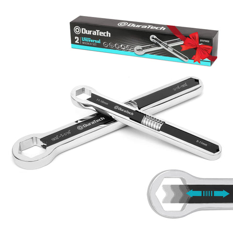 DURATECH 8-inch universal wrench with push-block adjustment for quick size changes.